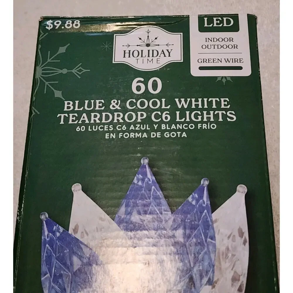 Holiday Time 60ct Blue & Cool White Teardrop C6 LED Lights 21.1' Indoor Outdoor